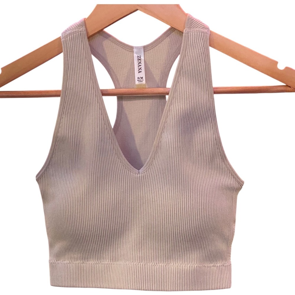 ZENANA Beige Ribbed Crop S/M Tank Top Built-in Padded Bra Racerback NWOT